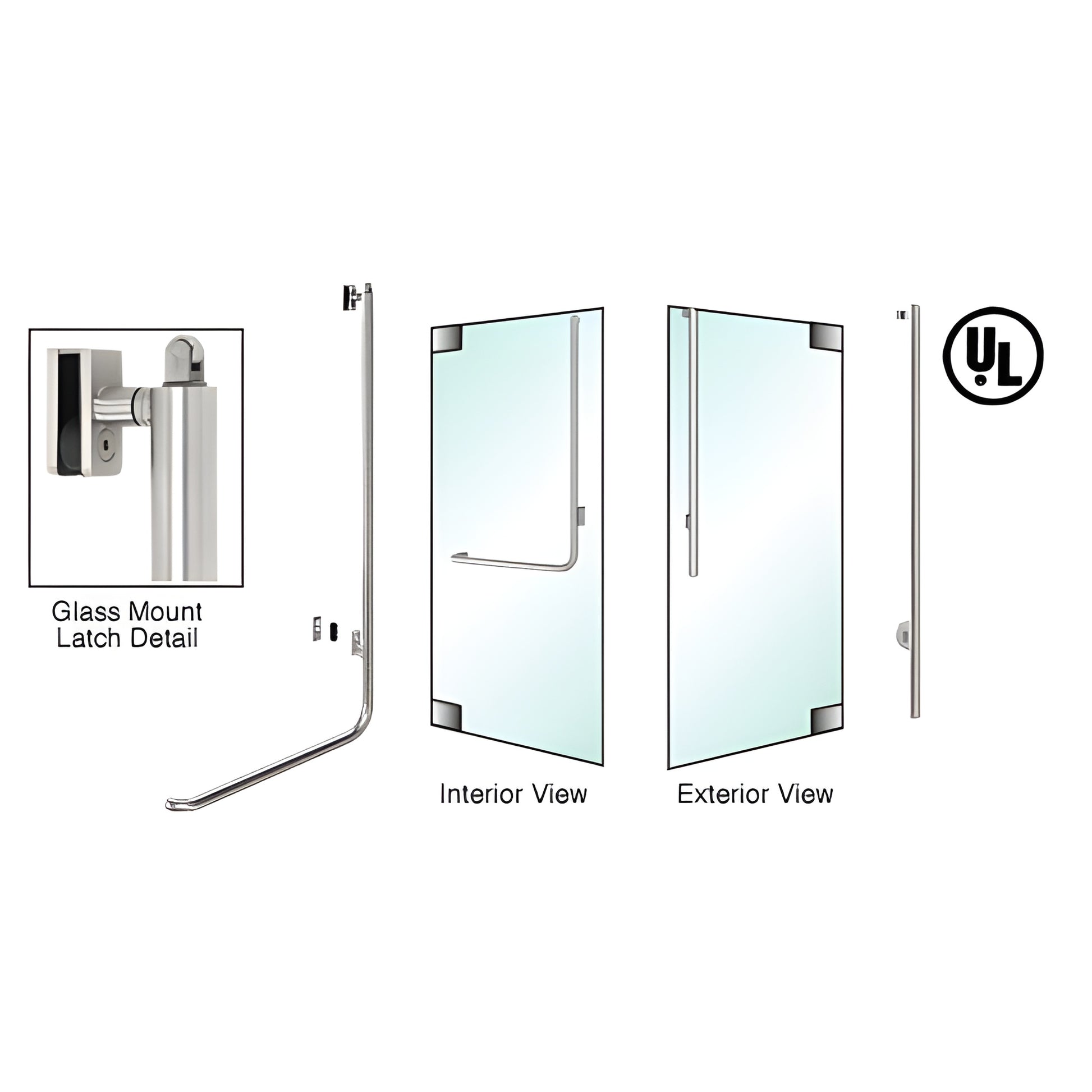 PA100JS3GKPS polished stainless steel tubular ADA panic handle for 1/2-3/4 tempered glass doors, interior push bar.