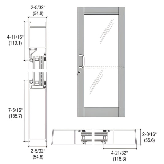 CRL blast-resistant entrance door BR61511, clear anodized - technical diagram showing rails, stiles, hardware and dimensions.