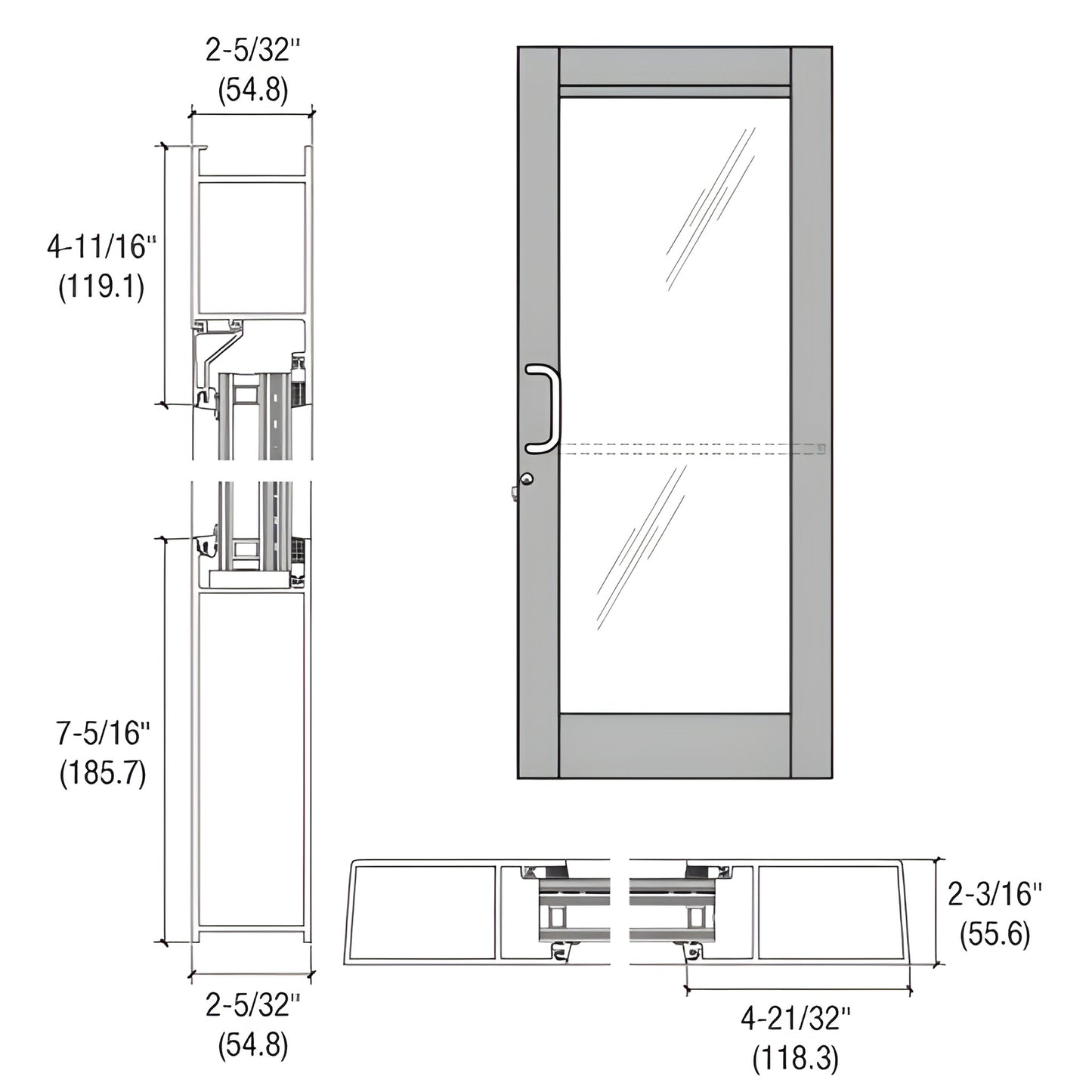 CRL blast-resistant entrance door BZ61511, clear anodized, glass panel, 7-5/16 bottom rail, fits 1-5/16 glazing.