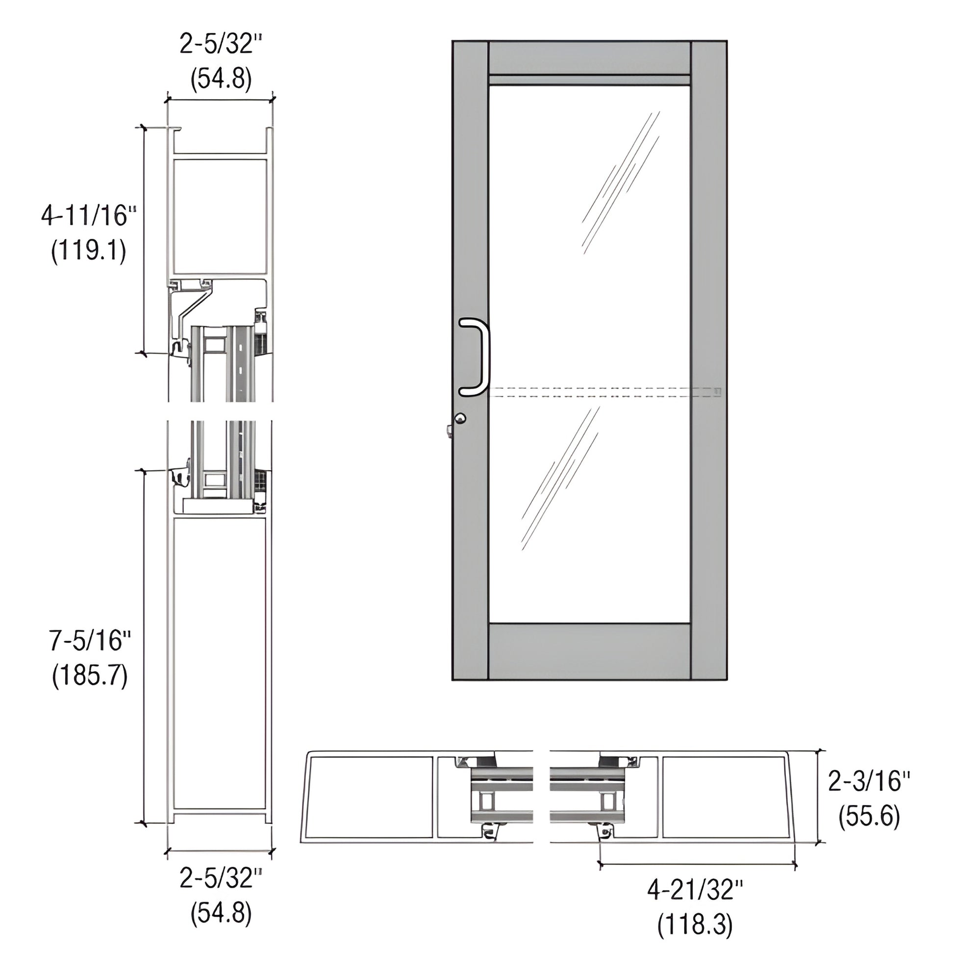 CRL blast-resistant entrance door BZ61511, clear anodized, glass panel, 7-5/16 bottom rail, fits 1-5/16 glazing.