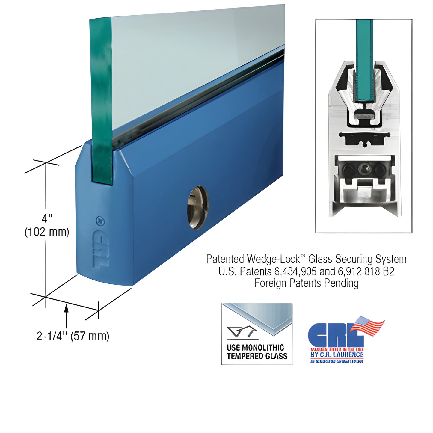 Powder-coated blue 4" tapered Wedge-Lock door rail for 3/4" tempered glass, 2" width, includes lock (SKU DR4TPT34CL)
