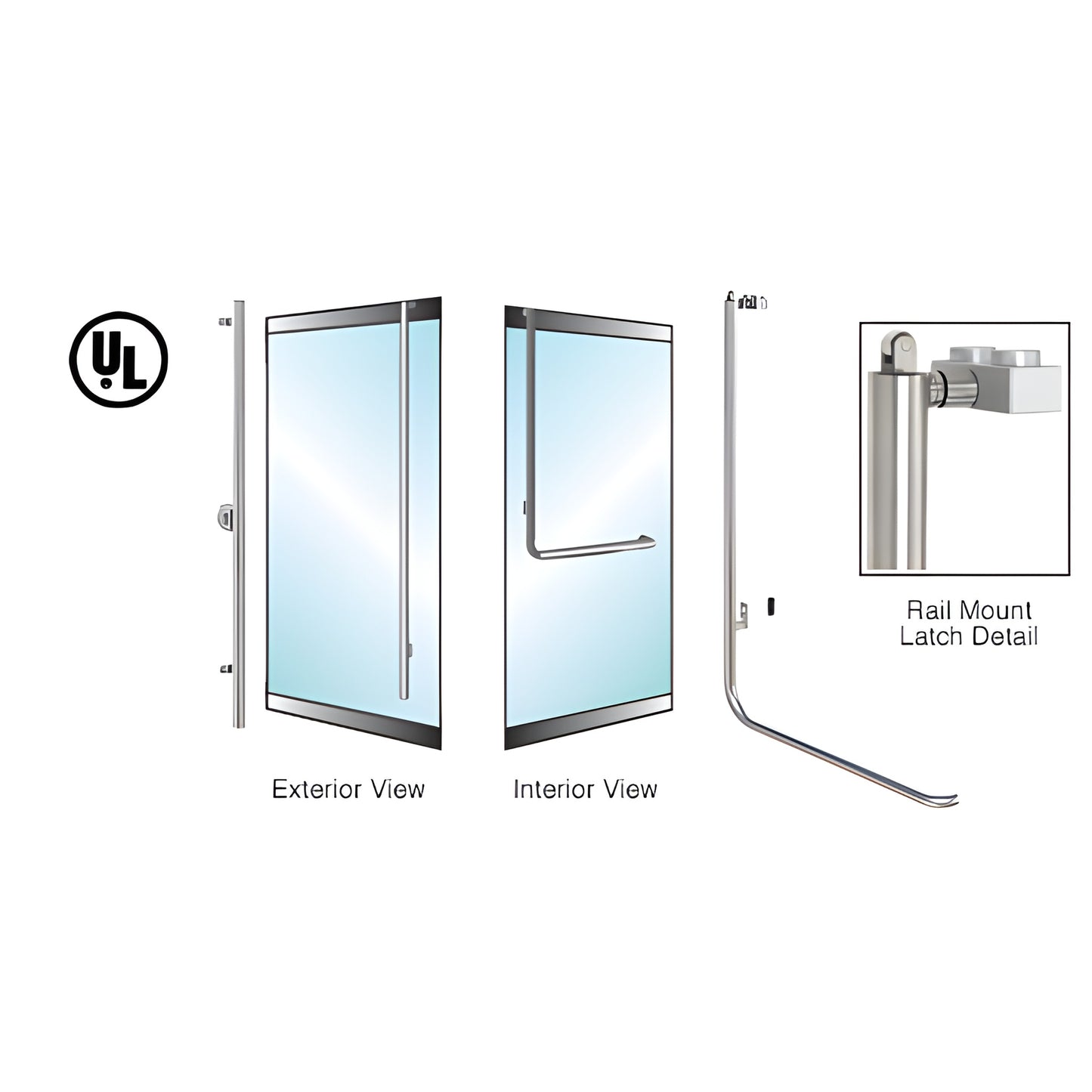 Brushed stainless steel PA100 rail-mount panic handle for 1/2" glass doors, 1-1/4" tube, left-hand reverse.