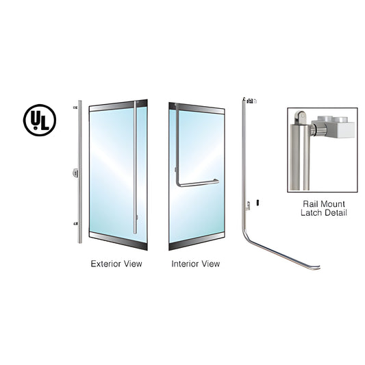 Brushed stainless steel PA100 rail-mount panic handle for 1/2" glass doors, 1-1/4" tube, left-hand reverse.