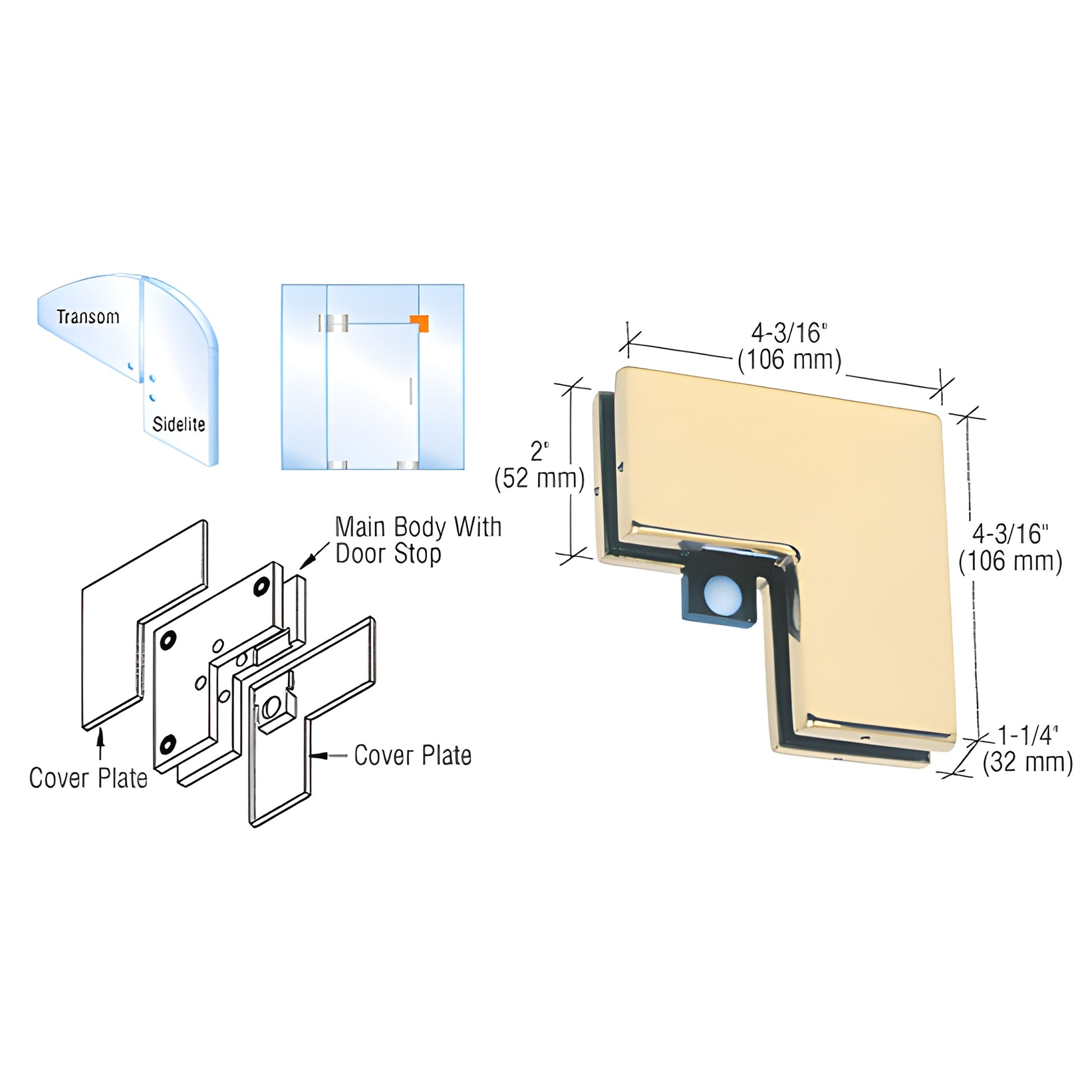 PH60BR polished brass sidelite-to-transom patch connector with reversible door stop for 3/8 -1/2 tempered glass