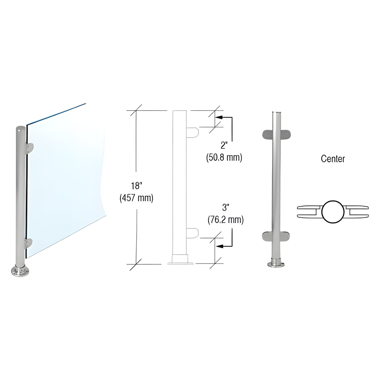 PP49CBS 18" brushed stainless slimline center post with round flange base, flat cap and Z-clamps for 1/4" glass sneeze guard.