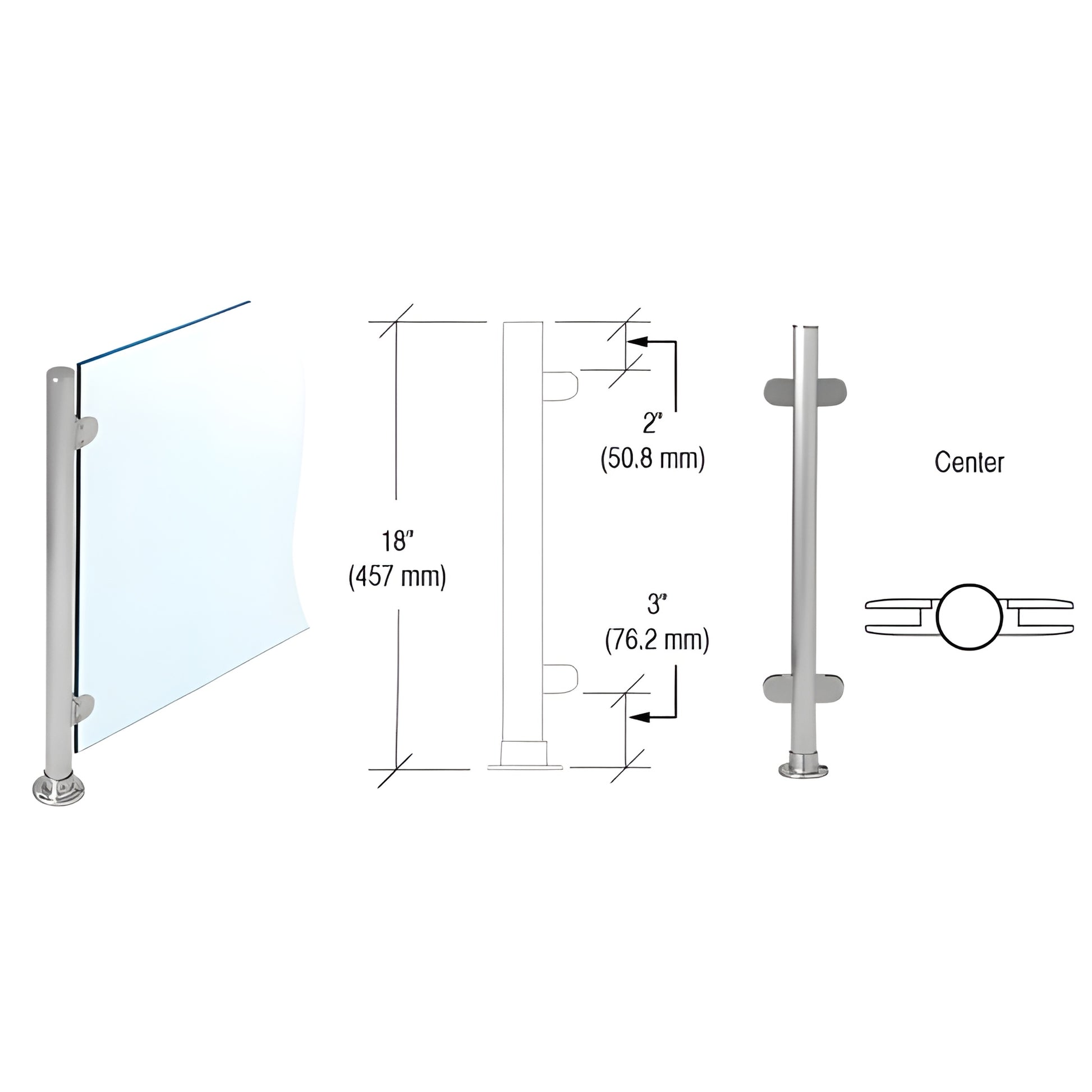 PP49CBS 18" brushed stainless slimline center post with round flange base, flat cap and Z-clamps for 1/4" glass sneeze guard.