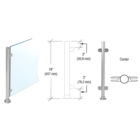 PP49CBS 18" brushed stainless slimline center post with round flange base, flat cap and Z-clamps for 1/4" glass sneeze guard.