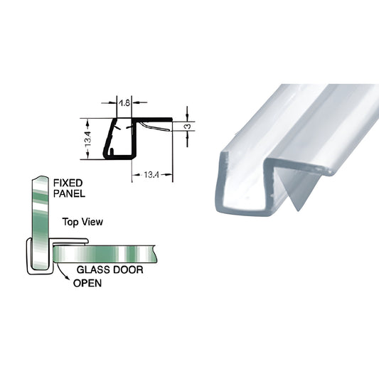 PCJ8 clear polycarbonate snap-on 90 strike-side seal for 8mm frameless shower glass, 2.5m length.