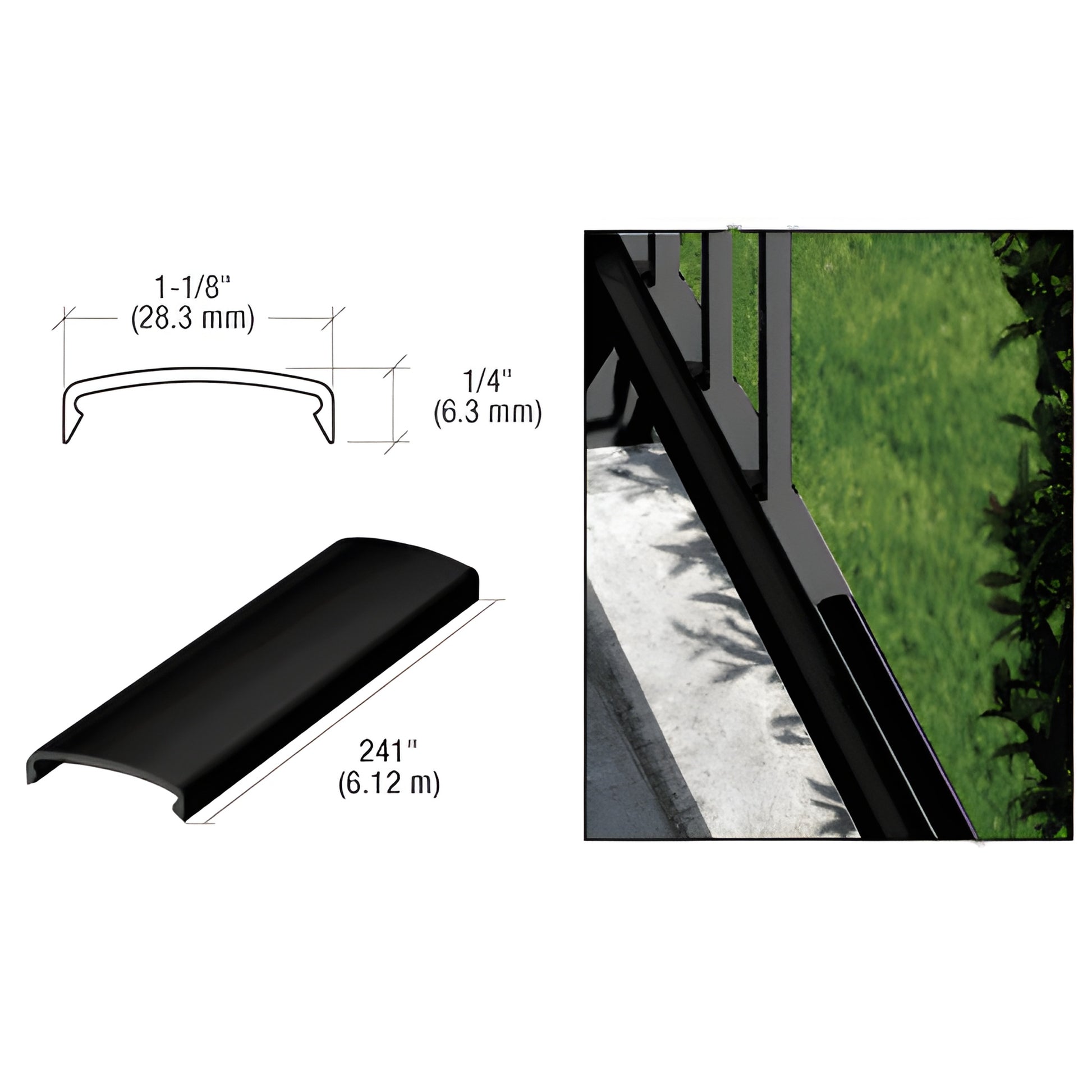 Matte black aluminum picket spacer (SKU 1PS241BL), 241" pre-cut snap-on spacer for 5/8" square pickets.