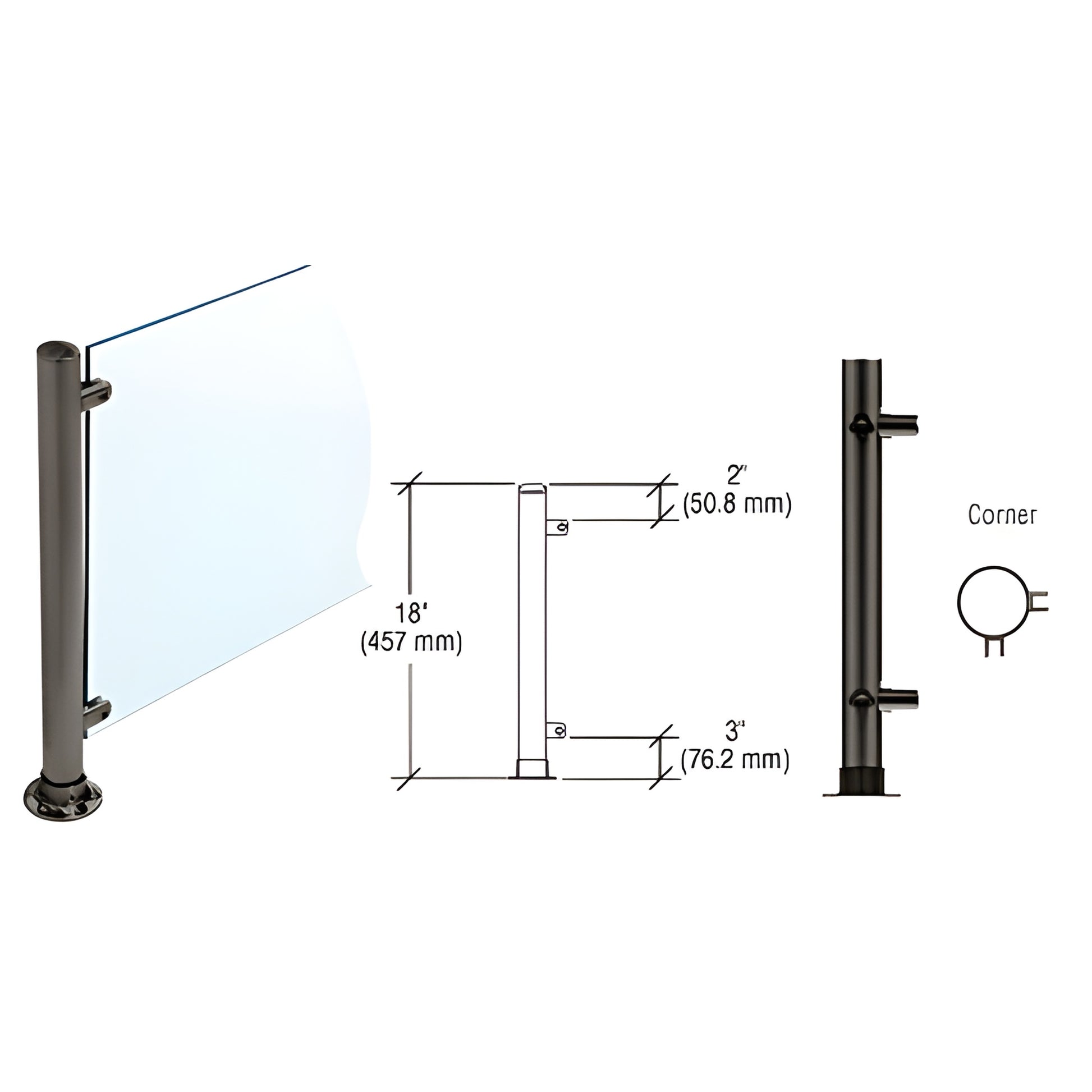 PP56LBL 18" black slimline stainless round 90 corner partition post, adhesive base, fits 1/4"-3/8" glass