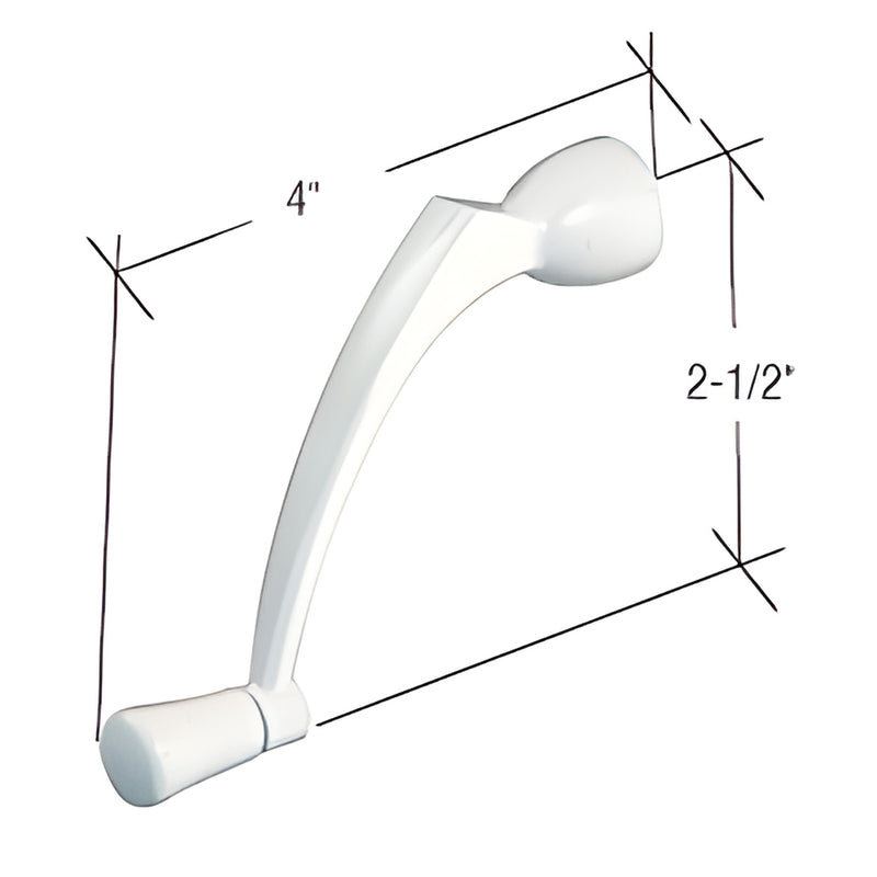 White diecast CRL H3957 crank handle for Pella casement windows, 4" reach, 2-1/2" height.