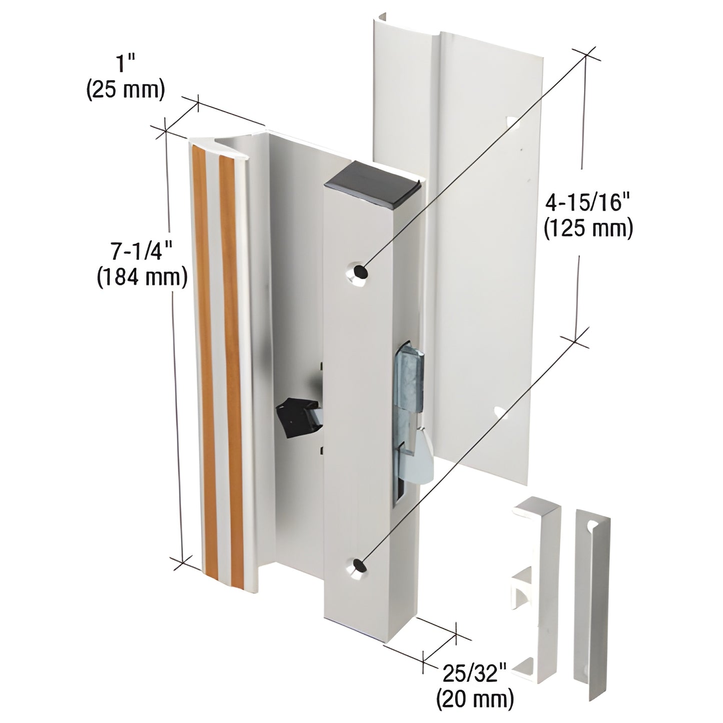 Aluminum low-profile sliding door handle set SKU C1004 - 7-1/4" long, 1" projection, 4-15/16" mounting hole spacing.