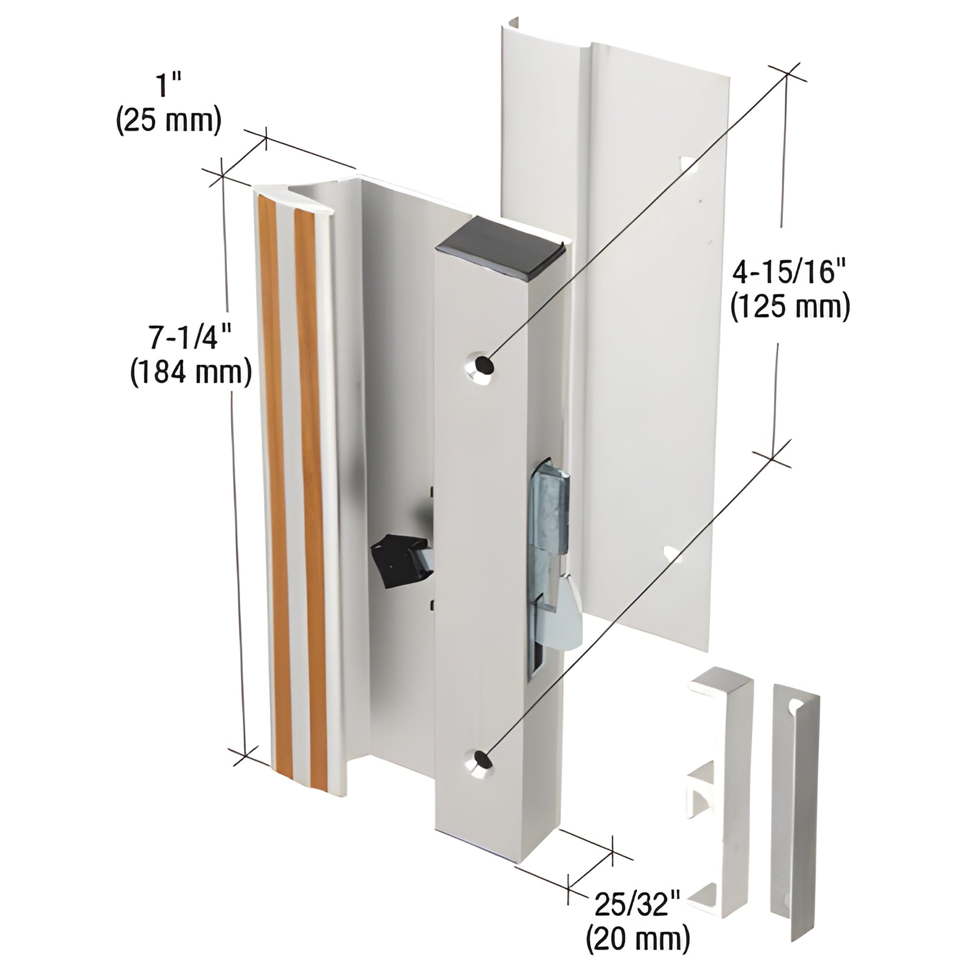 Aluminum low-profile sliding door handle set SKU C1004 - 7-1/4" long, 1" projection, 4-15/16" mounting hole spacing.