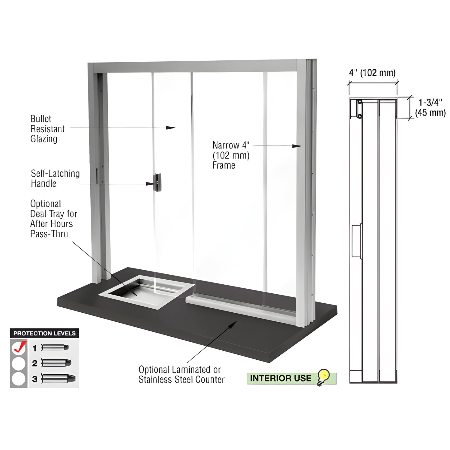 Bullet-resistant sliding service window, satin anodized frame, 1.25" acrylic glazing, self-latching handle, optional counter.