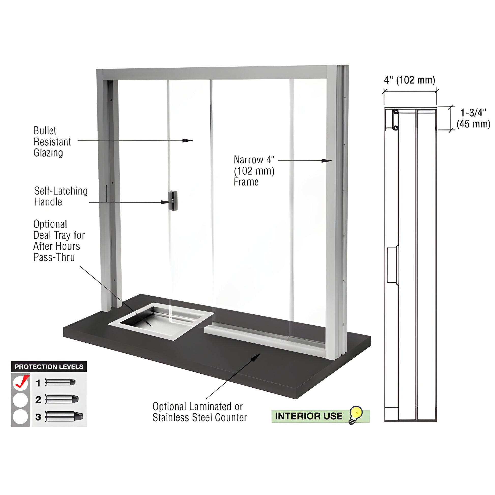 Bullet-resistant sliding service window, satin anodized frame, 1.25" acrylic glazing, self-latching handle, optional counter.