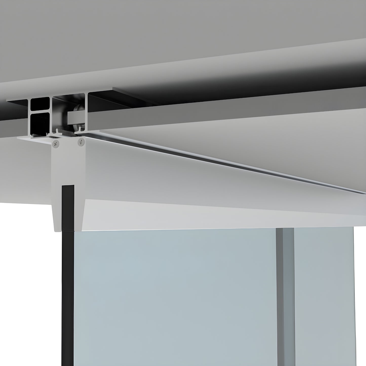CRL501D satin-anodized dropped-ceiling sliding door track and hanger with tempered glass panel.