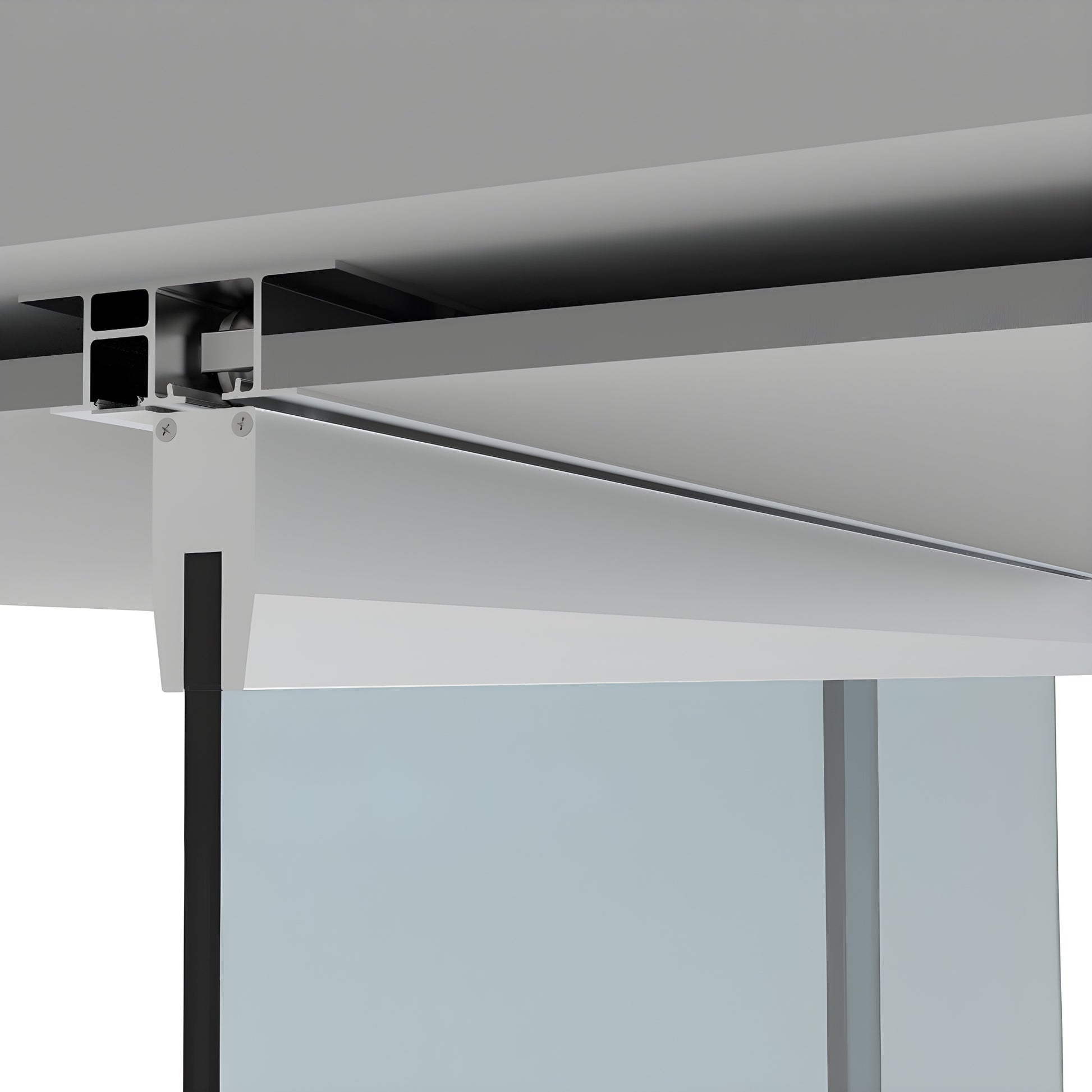 CRL501D satin-anodized dropped-ceiling sliding door track and hanger with tempered glass panel.