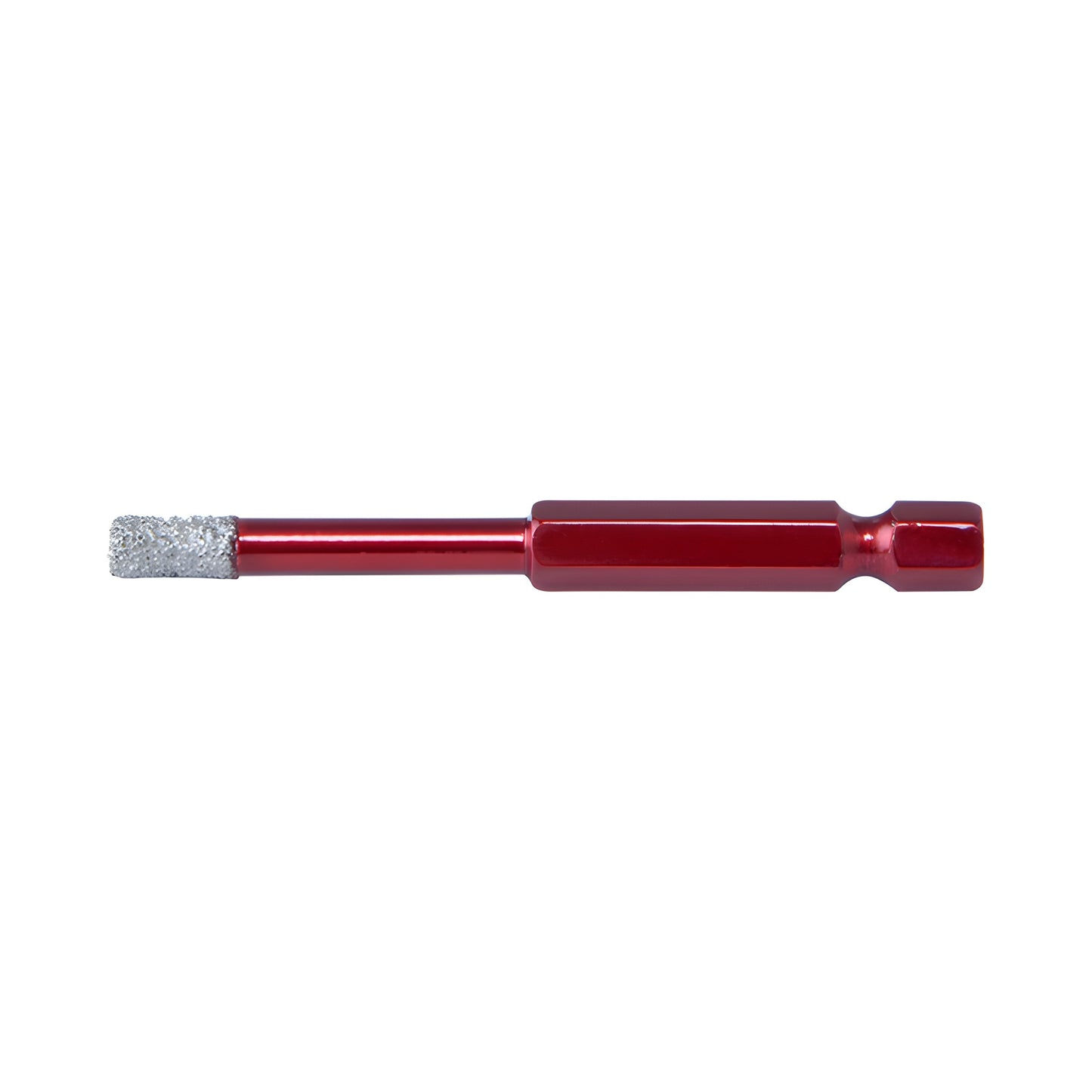 Red vacuum-brazed dry core drill bit with silver abrasive tip and quick-change hex shank, SKU QCS5MM, 67mm.
