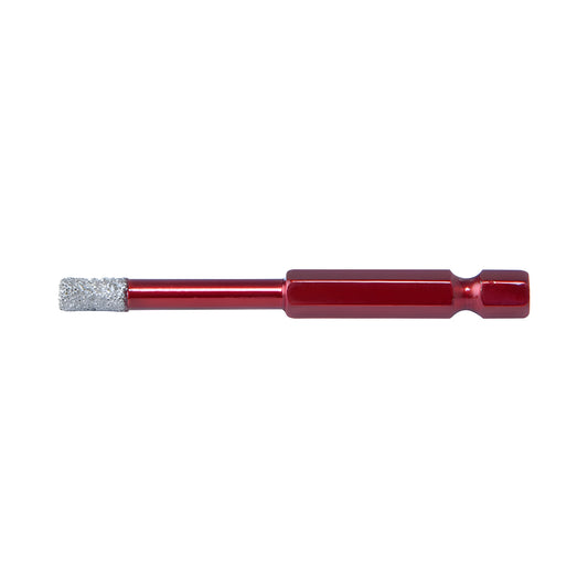 Red vacuum-brazed dry core drill bit with silver abrasive tip and quick-change hex shank, SKU QCS5MM, 67mm.