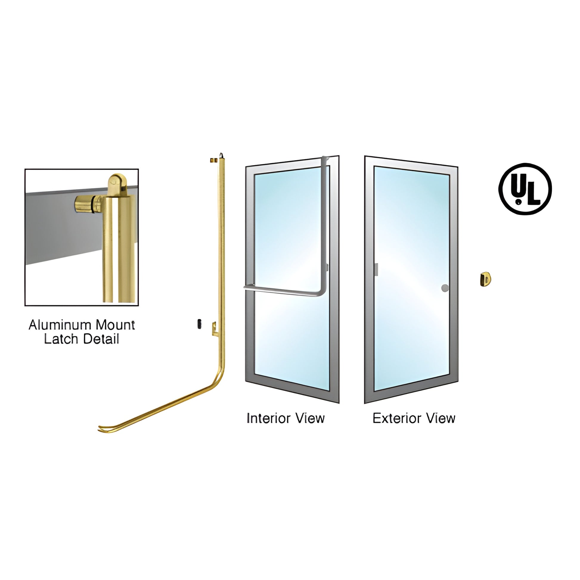 Satin brass tubular panic handle (PA100Z3AKSB) for glass/aluminum doors, interior vertical tube with top latch, UL listed.