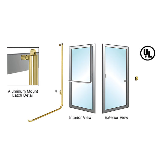 Satin brass tubular panic handle (PA100Z3AKSB) for glass/aluminum doors, interior vertical tube with top latch, UL listed.
