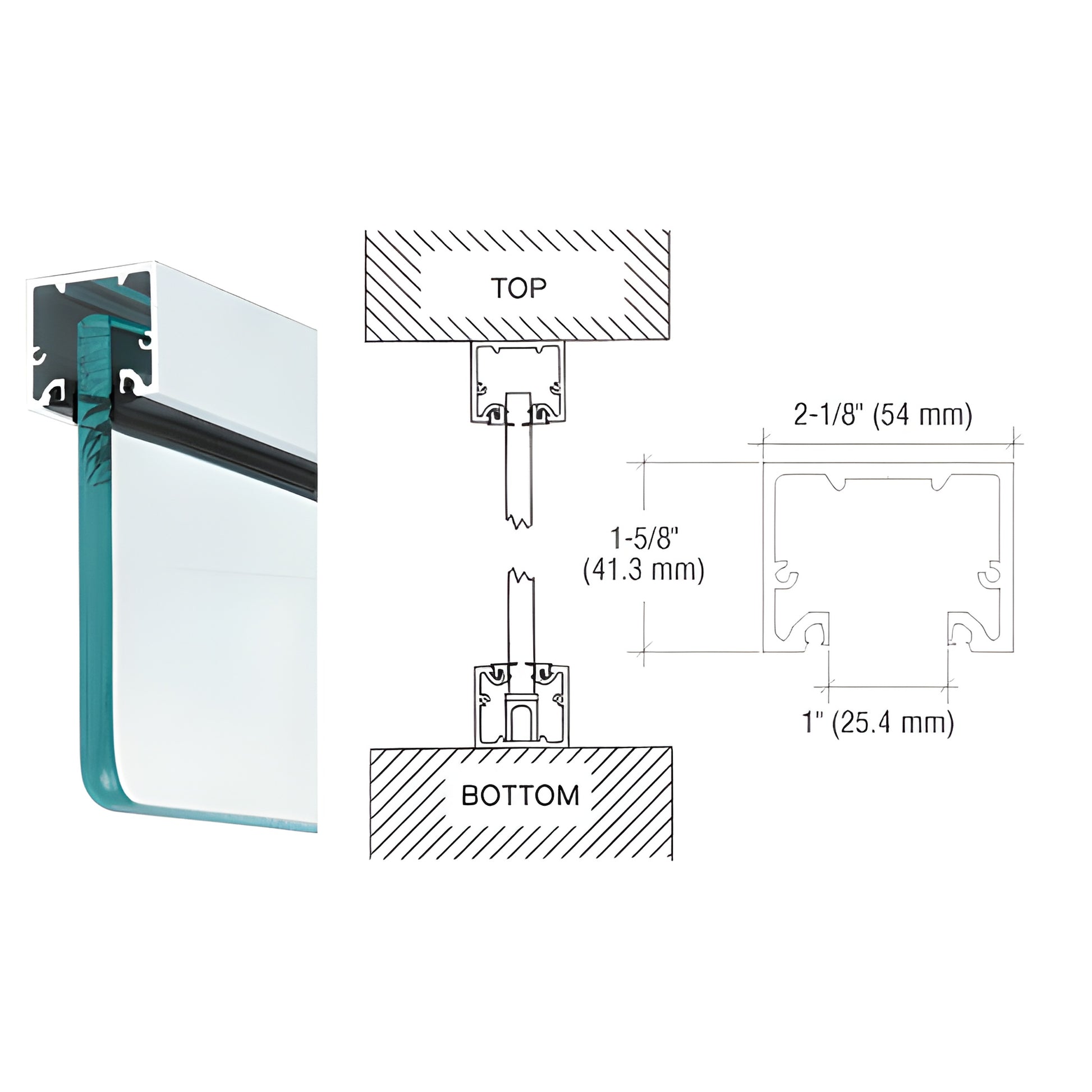 NH3SACL satin anodized narrow header/U-channel for 3/4 (19mm) glass, 2-1/8 x 1-5/8 aluminum profile with top/bottom detail