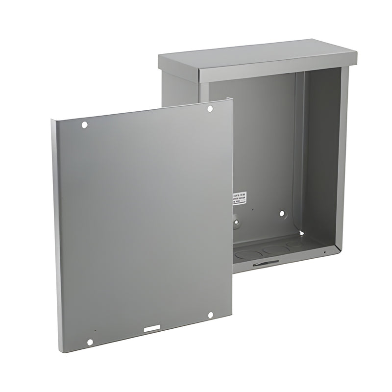 CRL steel gray power supply enclosure box EJ1084, 4in deep, hinged door with quarter turn latch, fits two LED drivers, NEMA 3