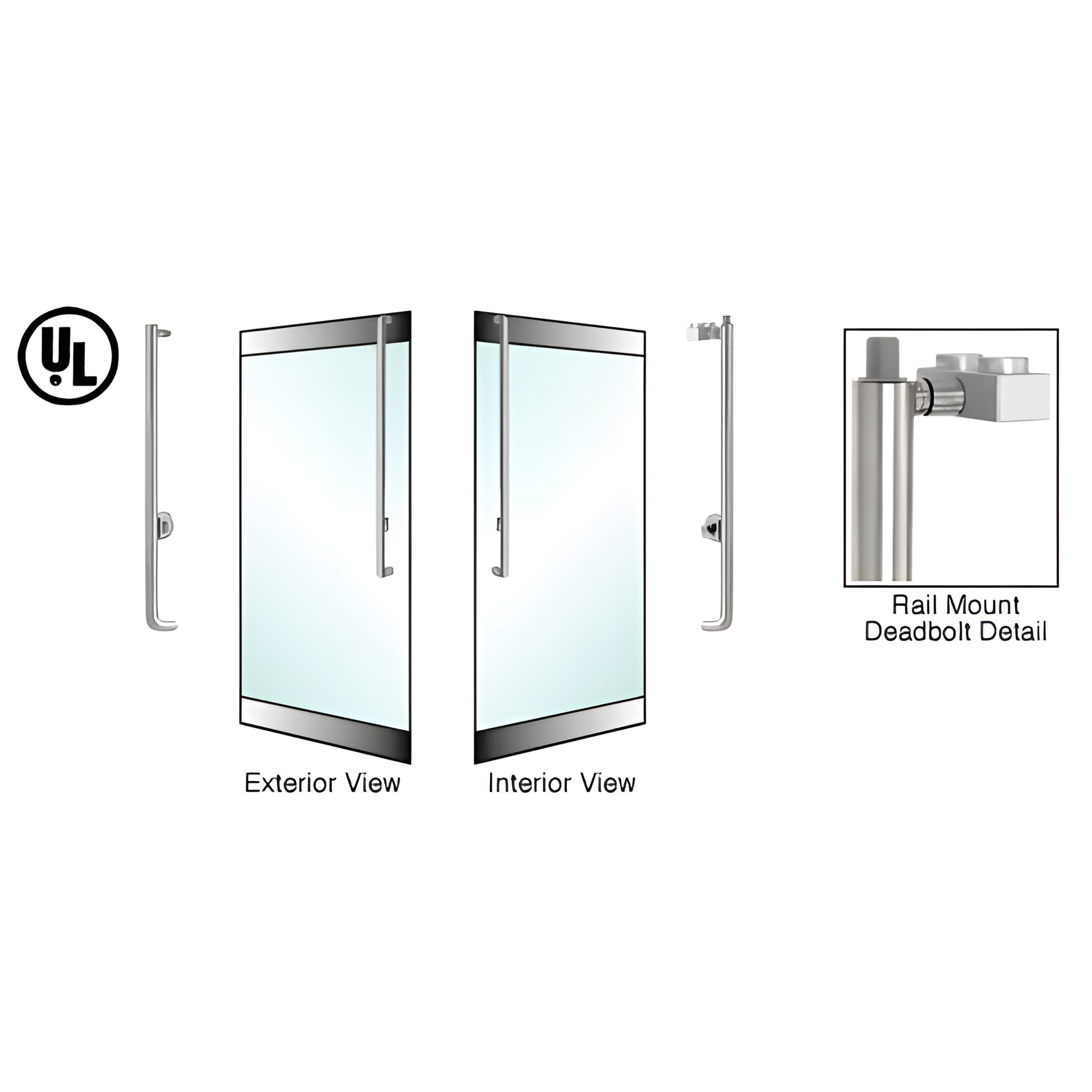 DB160J4R1BS brushed stainless rail-mount deadbolt handle for tempered glass doors, 1-1/4" dia, left-hand reverse