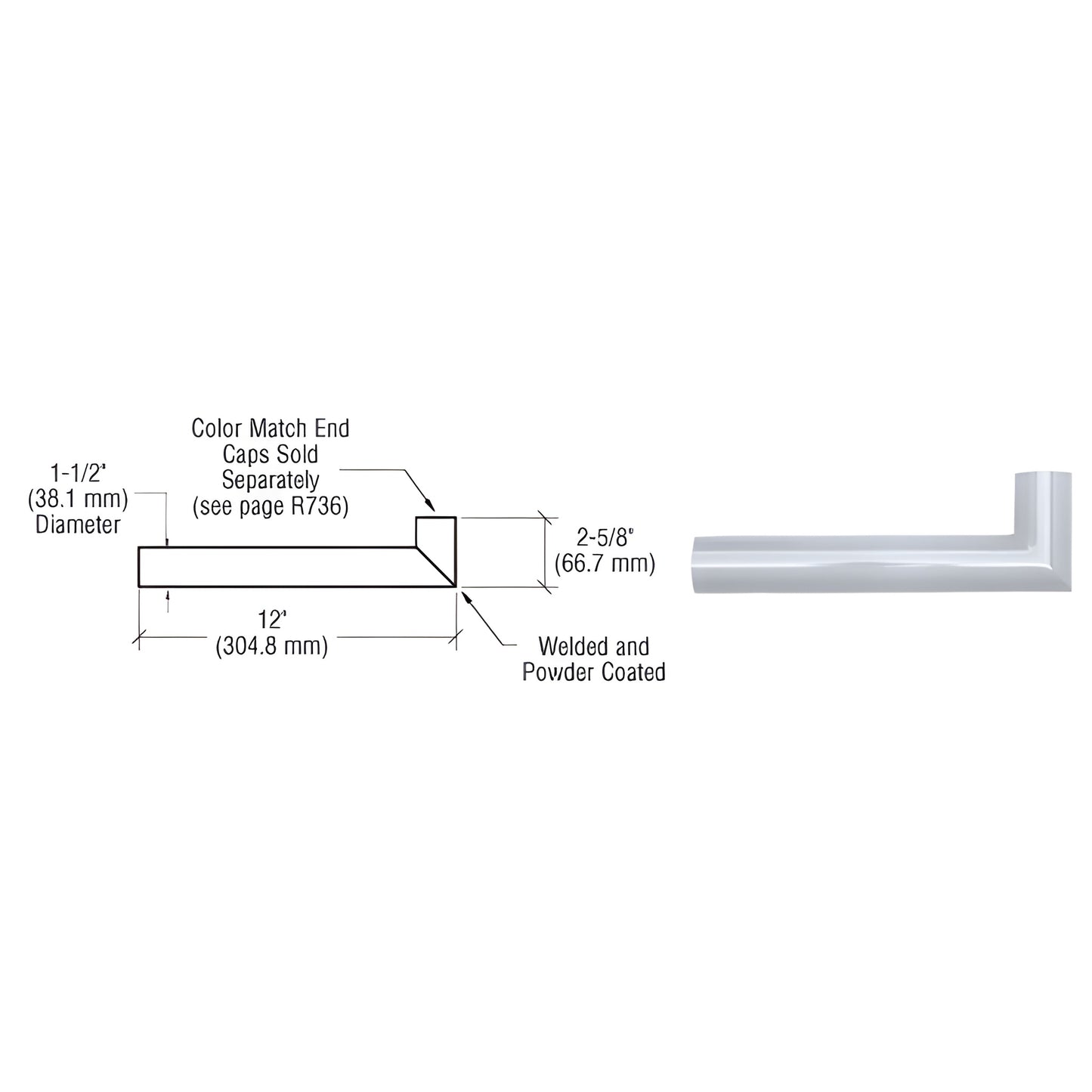 Clear anodized aluminum 90 wall return for 1-1/2" handrail, 12" long side, 2-5/8" short side (SKU ARWR1CA)