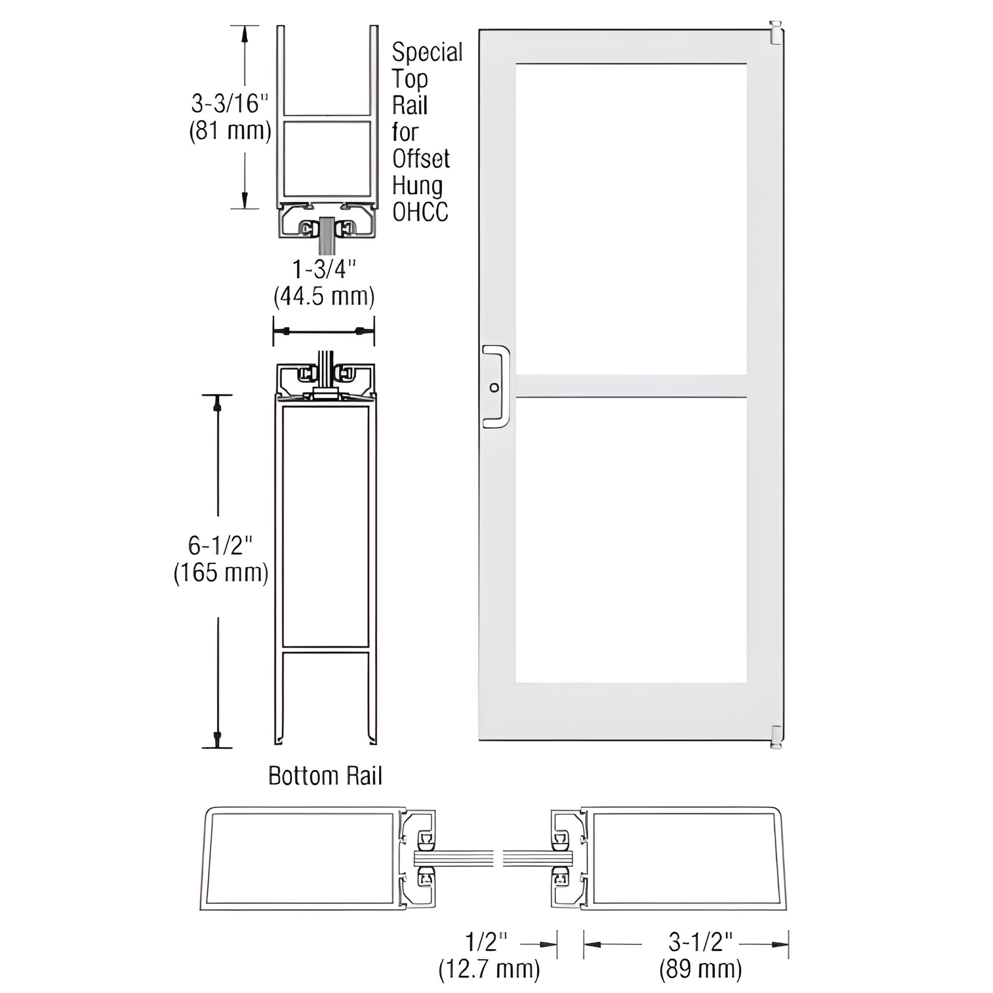 DZ41152 white medium-stile commercial entrance door, White Kynar frame, fits 1/4" or 1" tempered glass.