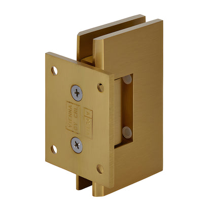 V1E074SB satin brass Vienna shower door hinge, solid brass wall-mount with short back plate for 10-12mm glass