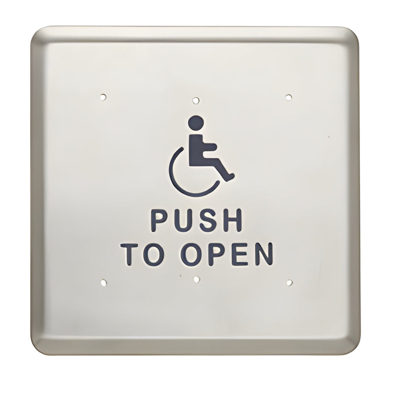 Norton LE0505 6x6 stainless steel automatic door push button with wheelchair icon and PUSH TO OPEN text