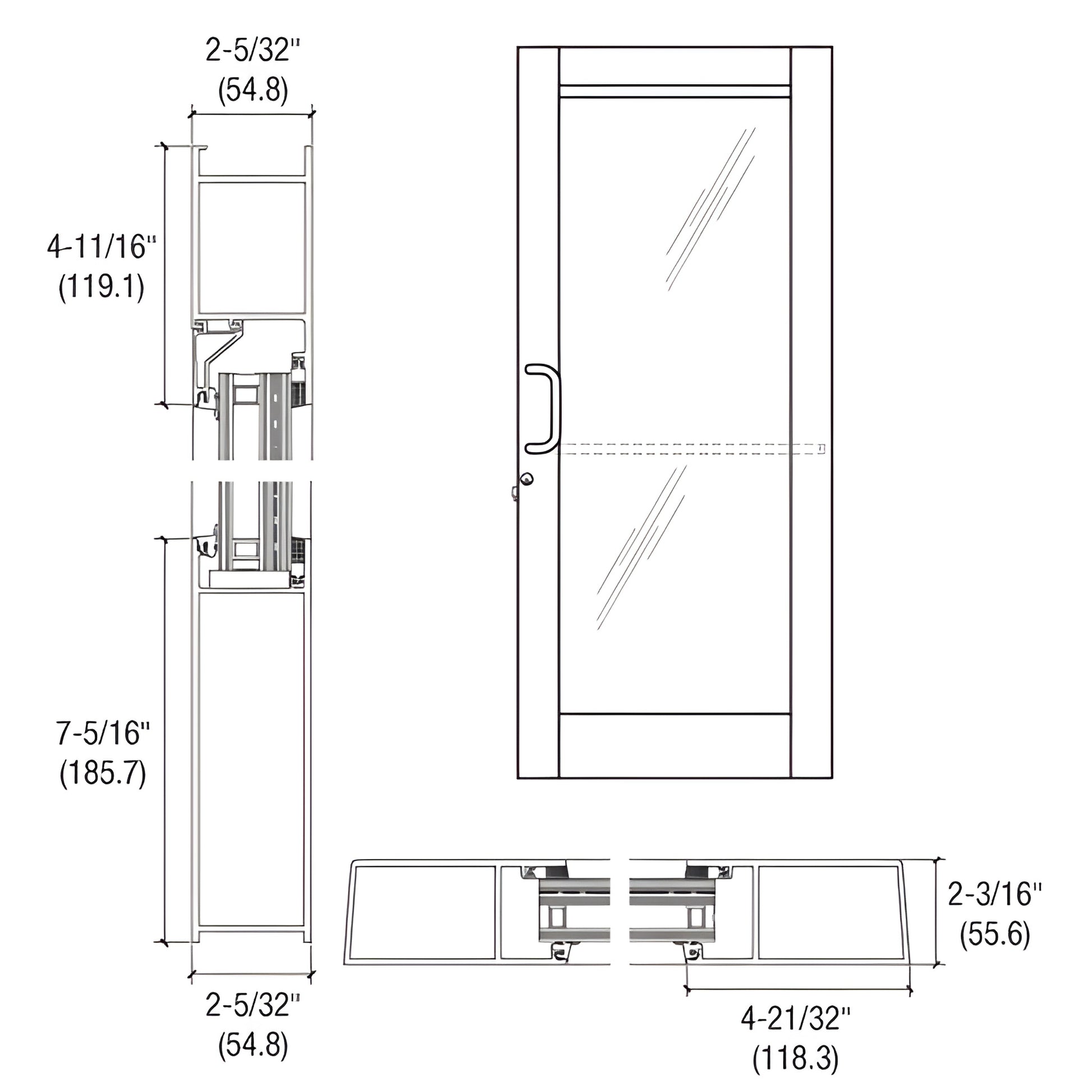 BR61552 White Kynar blast resistant entrance door technical line drawing showing dimensions, handle, rails and glazing detail