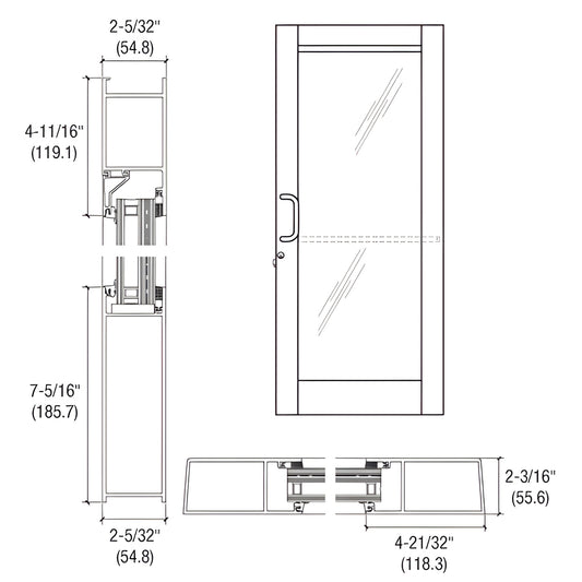 BR61552 White Kynar blast resistant entrance door technical line drawing showing dimensions, handle, rails and glazing detail