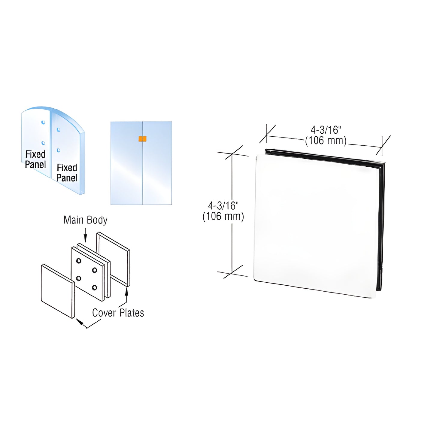 PH80A satin-anodized square patch connector for 3/8"-1/2" glass, 4-3/16" (106 mm) cover plates and exploded view.