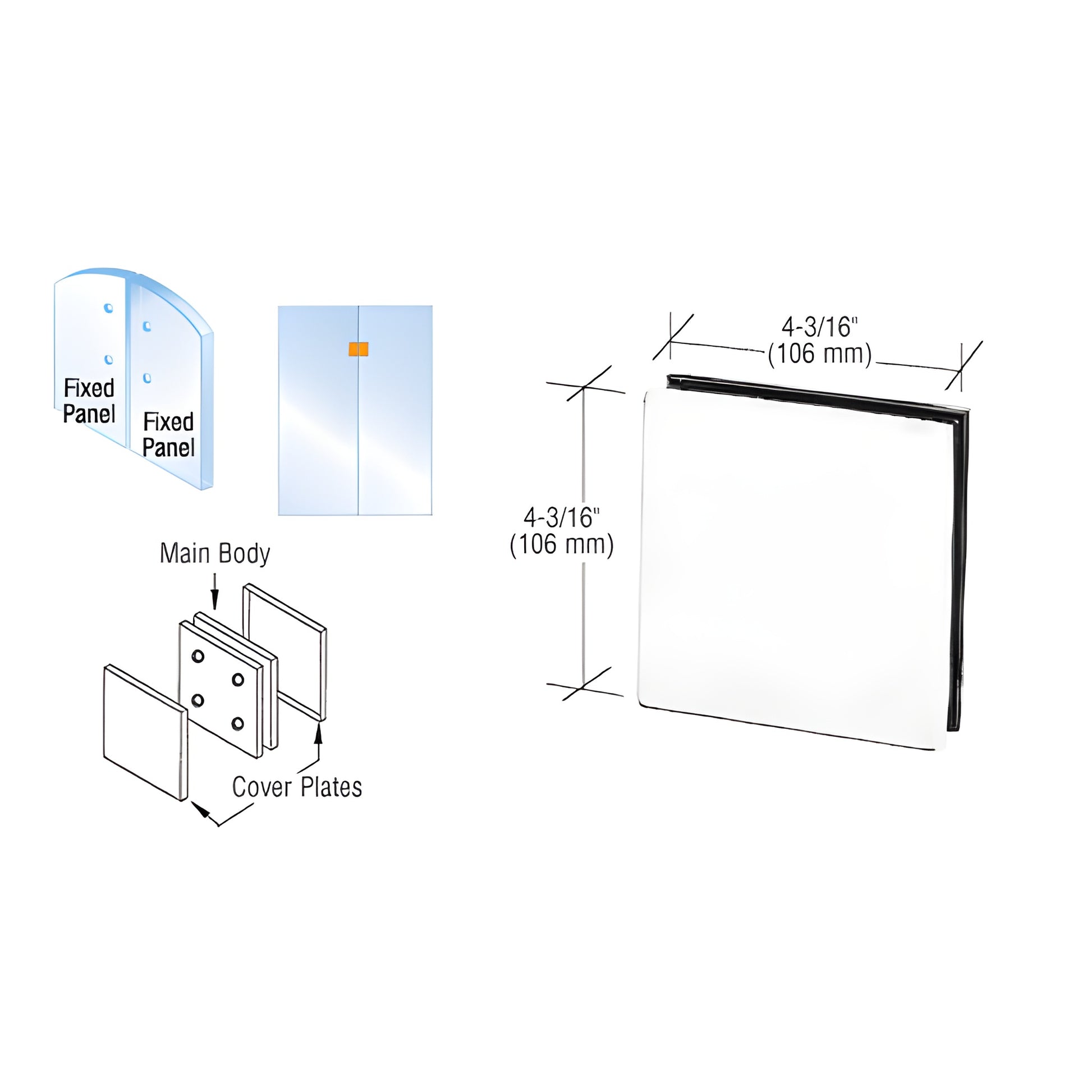 PH80A satin-anodized square patch connector for 3/8"-1/2" glass, 4-3/16" (106 mm) cover plates and exploded view.