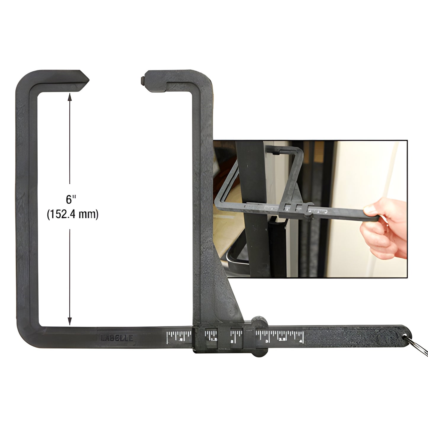 Black plastic large-jaw insulating glass caliper, 6 in jaw reach, printed scale for IGU thickness. SKU 1GCAL6