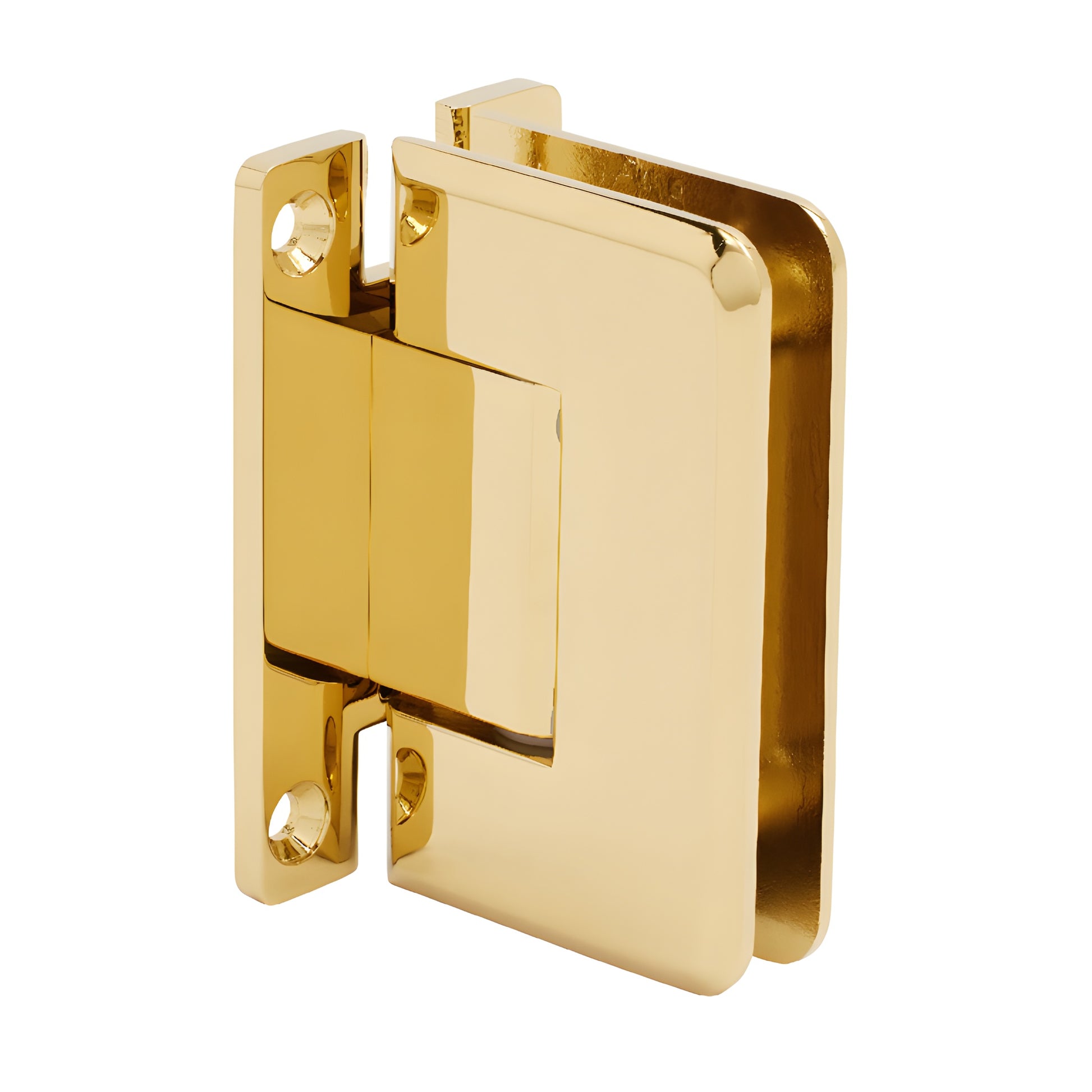Ultra Brass Pinnacle shower hinge (P1N037UBR), solid brass H back plate, beveled edges, fits 8-12 mm tempered glass