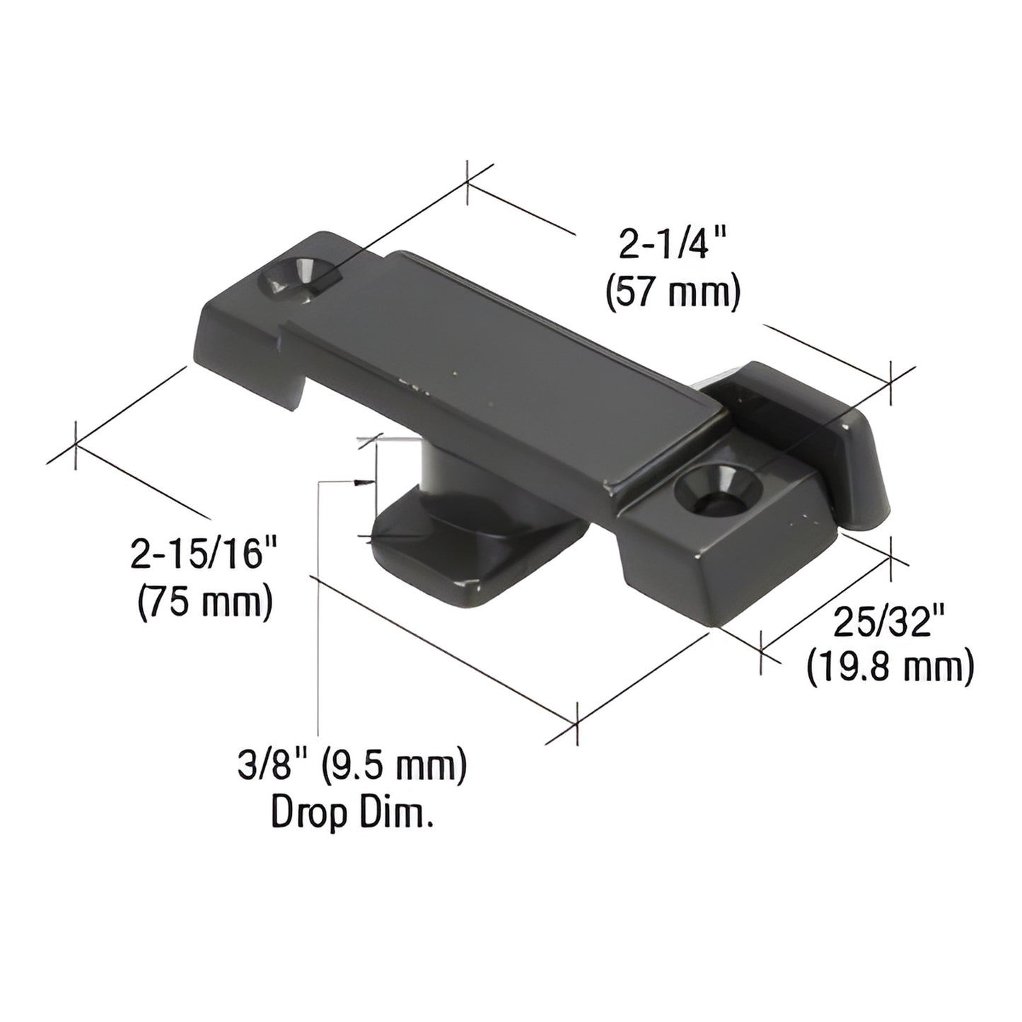 Black diecast window sash lock SKU F2595 for single-hung aluminum windows, 2-15/16" long, 2-1/4" hole spacing