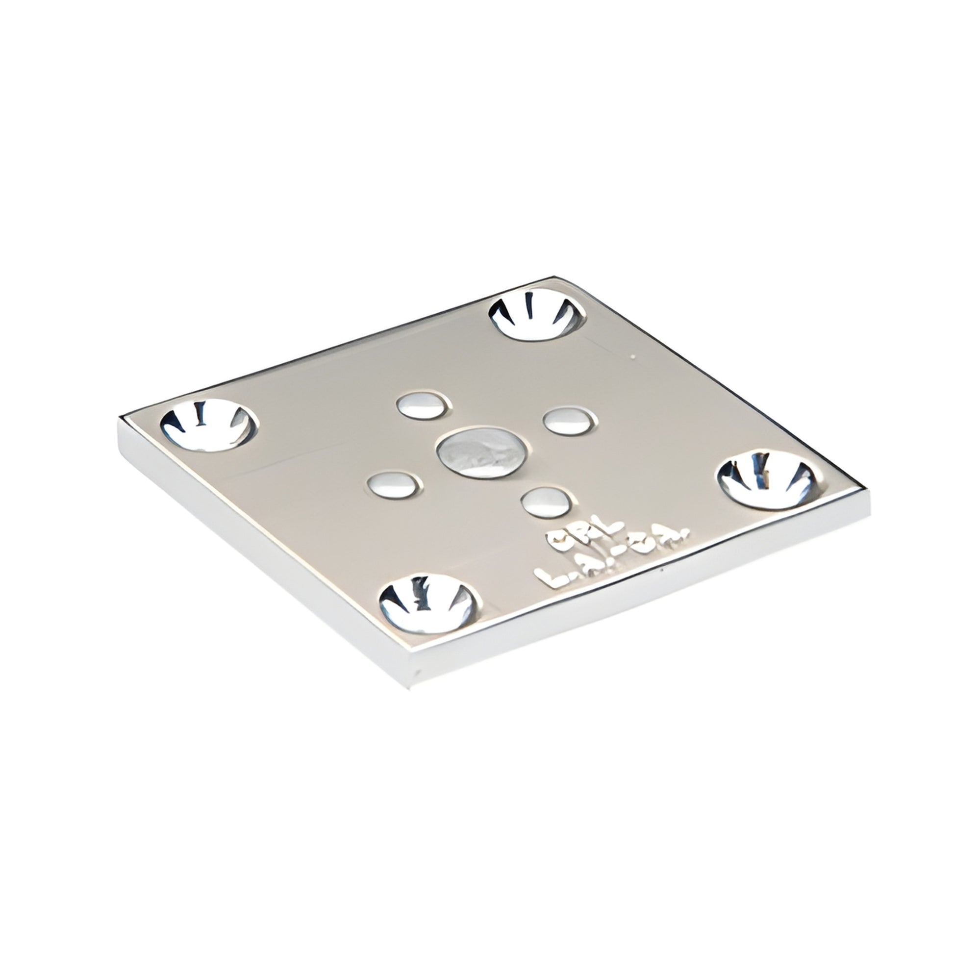 Bright anodized 2x2 in. square aluminum base plate with four countersunk screw holes and center holes, SKU D695BA