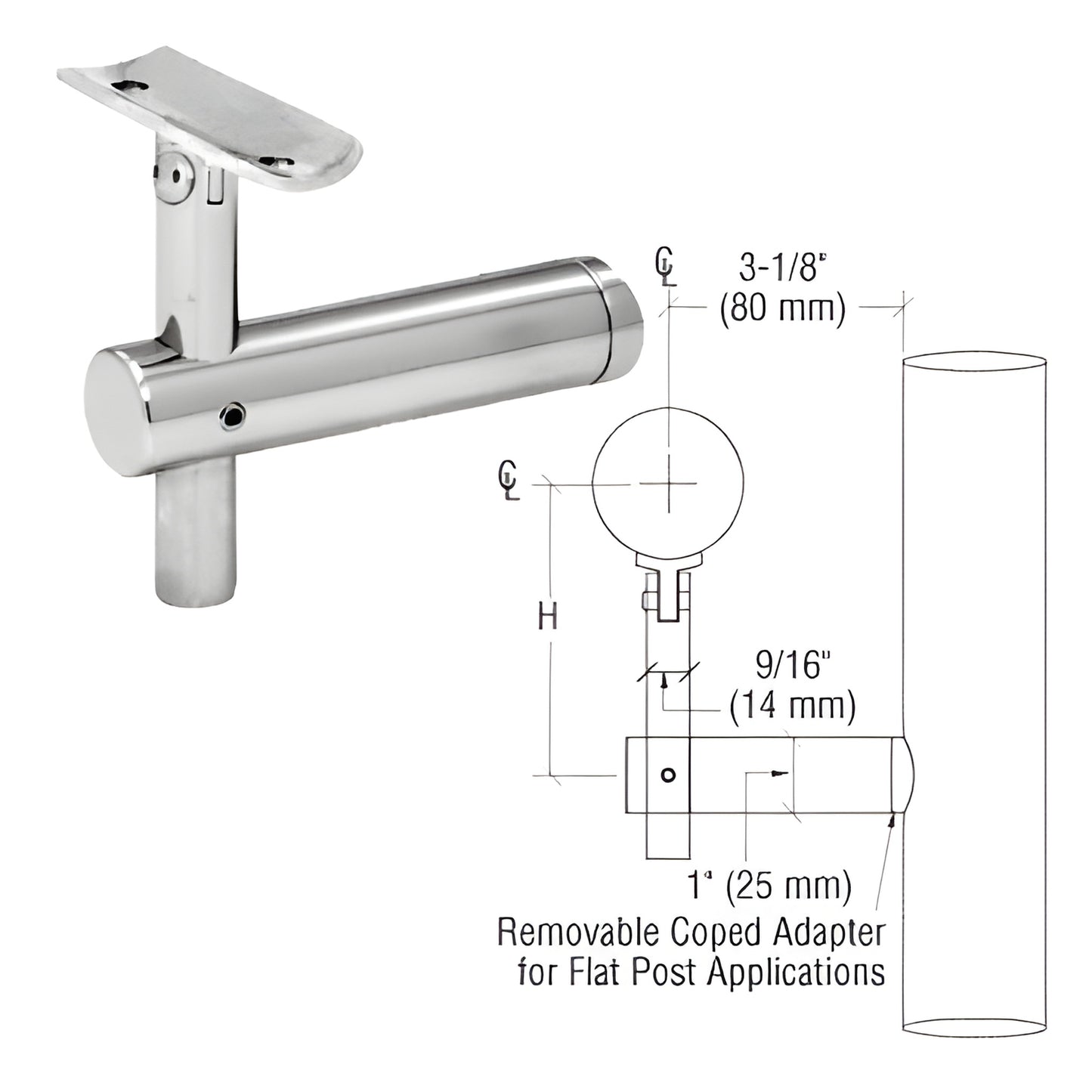 HR2JPPS adjustable 3-way post-mounted handrail bracket, polished 316 stainless steel, fits 1.5-2" tubing, includes mounting s