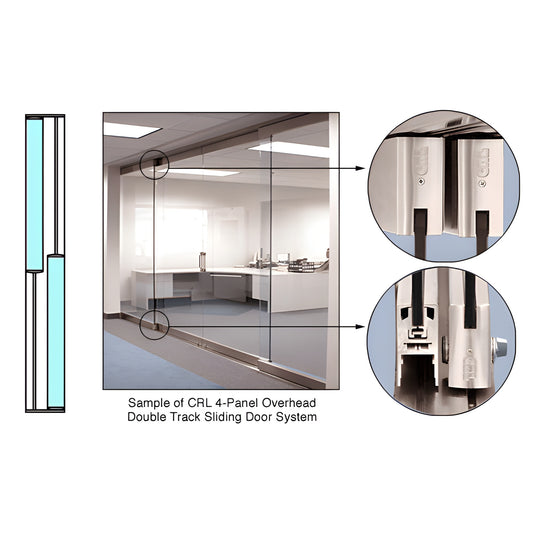 Polished stainless steel overhead double-track sliding glass door system, 2-panel bi pass, flush bottom