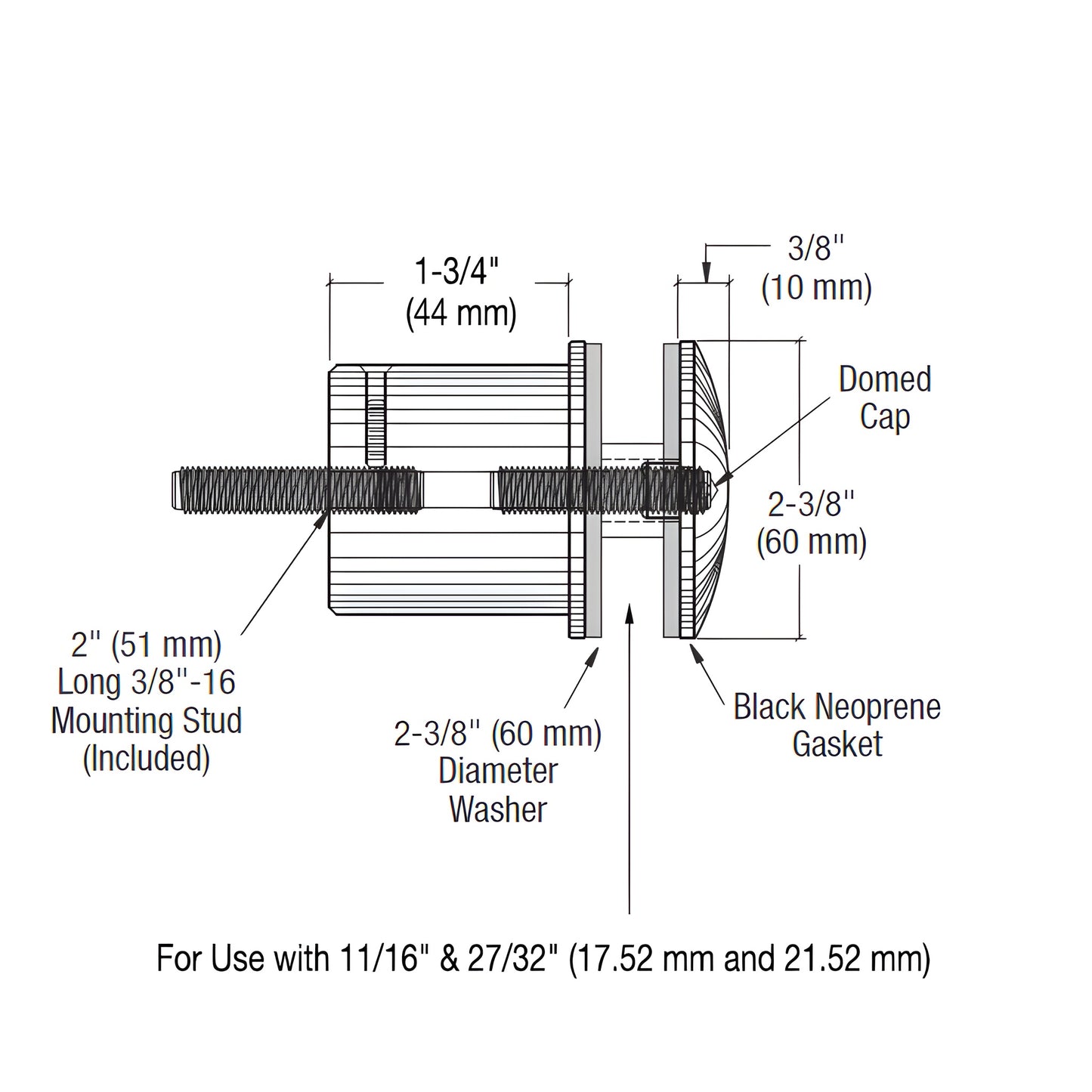 Brushed stainless steel glass standoff RS0B2135BS, 2 in, 316 marine-grade, includes gasket.
