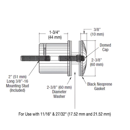 Brushed stainless steel glass standoff RS0B2135BS, 2 in, 316 marine-grade, includes gasket.