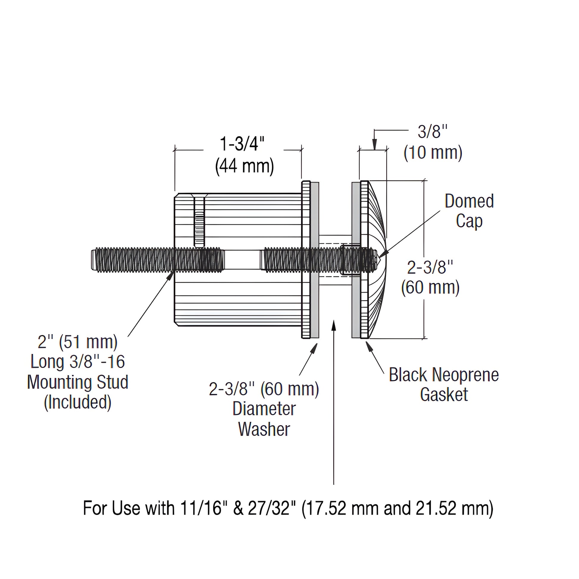Polished 316 stainless steel round glass standoff with black gasket and threaded stud for 2" glass railing (SKU RS0B2135PS)