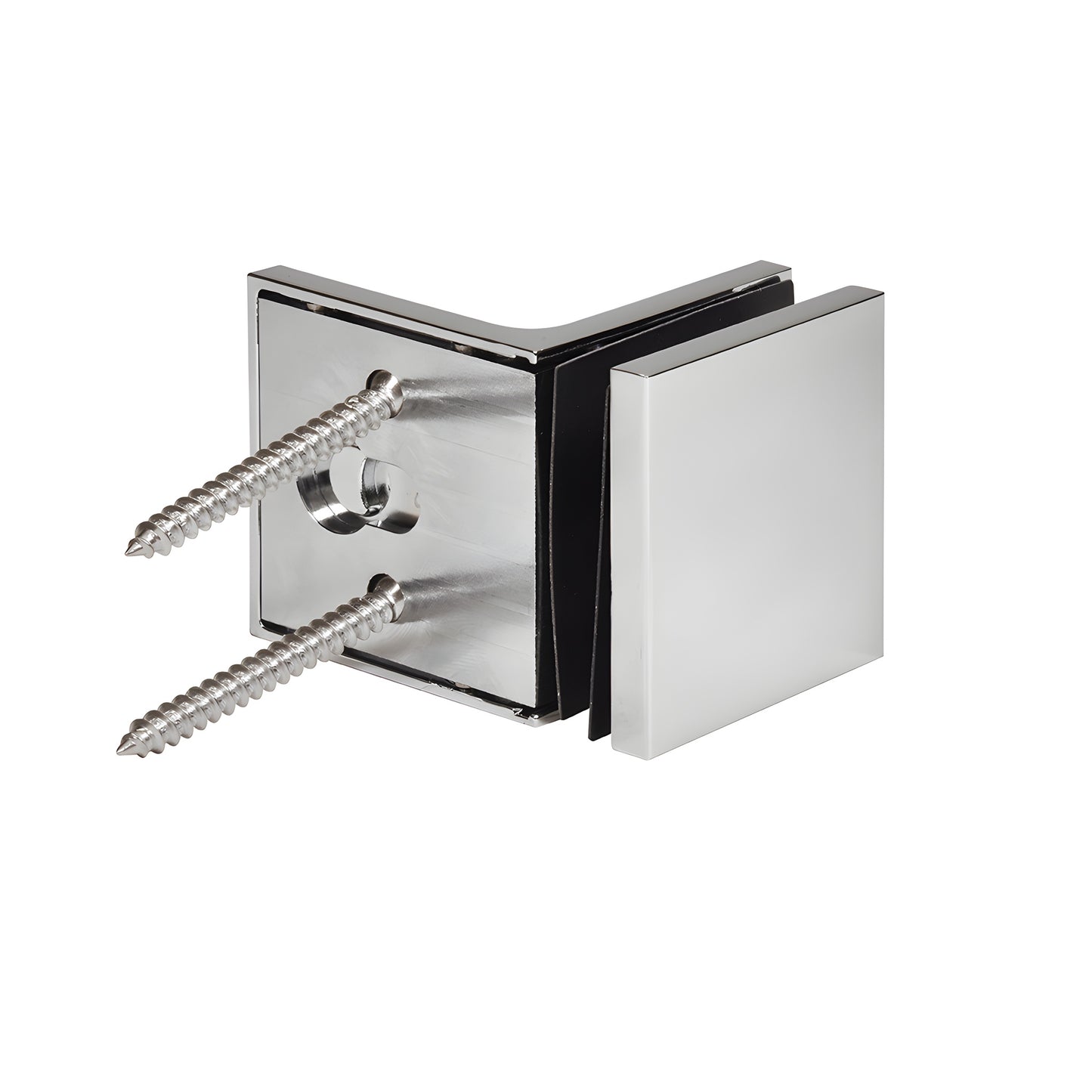 Polished chrome 90 glass clamp (SKU: CCS90CH) for 10-12mm frameless shower panels, hidden snap cover