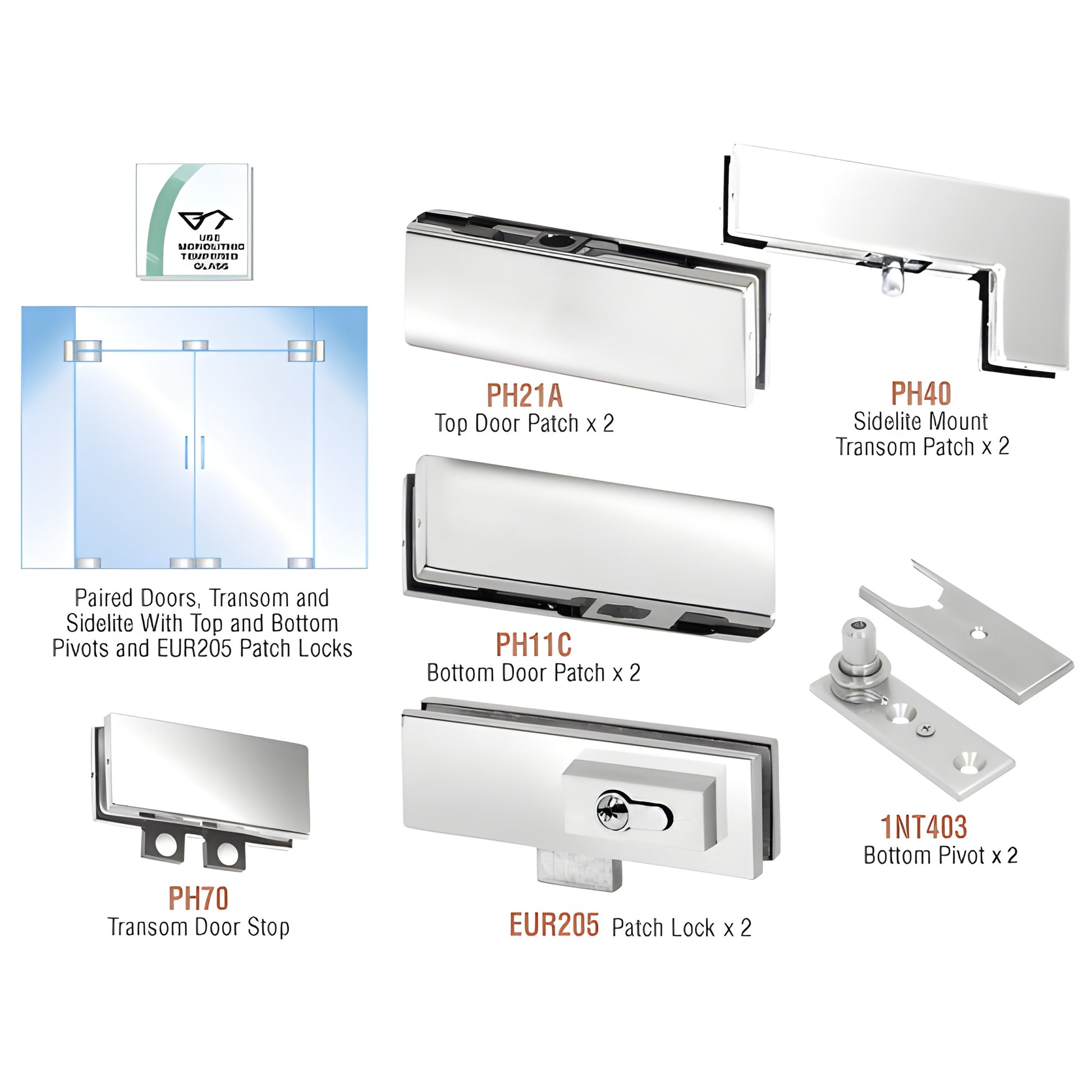 PHE8LPS stainless steel double-door hardware kit for 3/8-1/2" tempered glass; patches, pivots, transom stop, locks