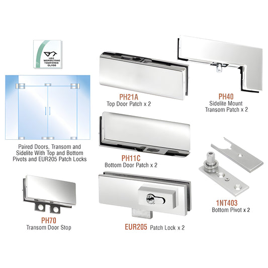 PHE8LPS stainless steel double-door hardware kit for 3/8-1/2" tempered glass; patches, pivots, transom stop, locks