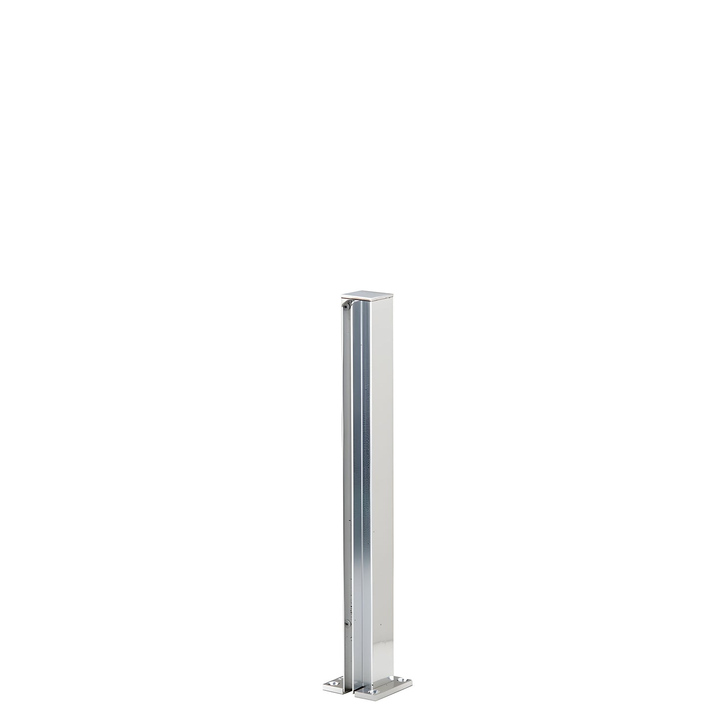 Brite anodized 12 in aluminum square end post with U-channel for 1/4 in glass; slim 1 1/8 in profile, mounted base