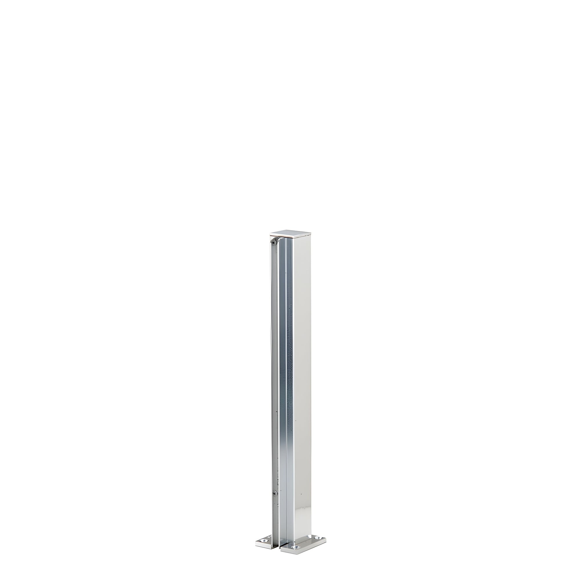 Brite anodized 12 in aluminum square end post with U-channel for 1/4 in glass; slim 1 1/8 in profile, mounted base
